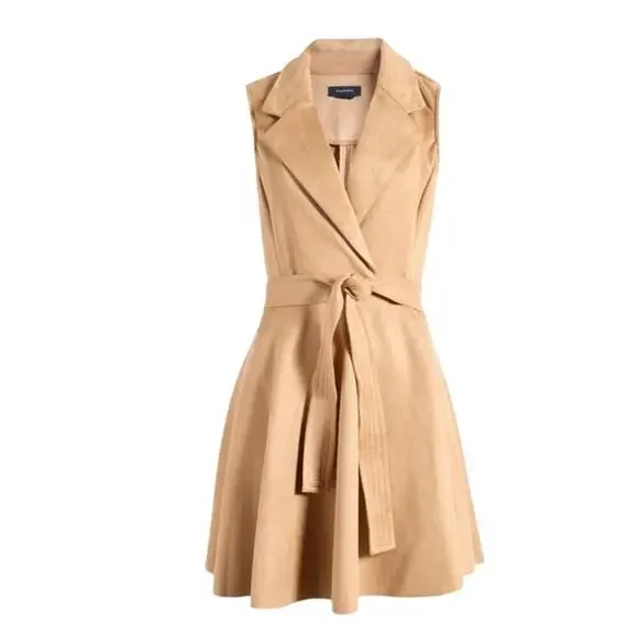 NEW Halogen belted tan faux suede tuxedo mini dress size XS - Picture 3 of 11